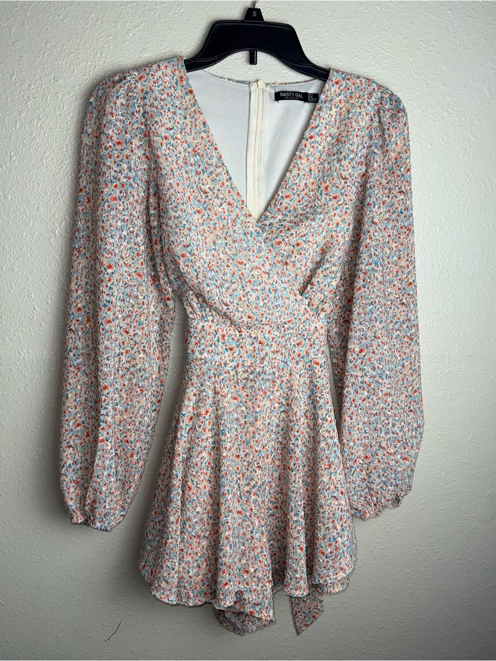 Nasty Gal Cream Floral V-Neck Long Sleeve Romper with Coral and Blue Accents